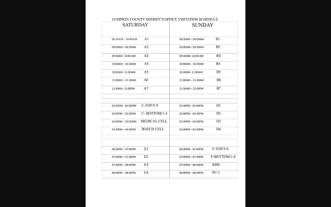 Official Lumpkin County Sheriff's Office visitation schedule by housing block